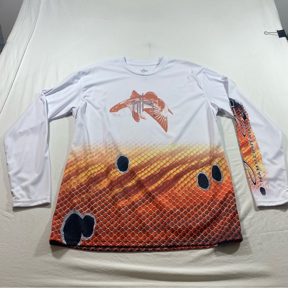 Guy Harvey Fishing Shirt White Orange Hammerhead lightweight breathable - Picture 5 of 6